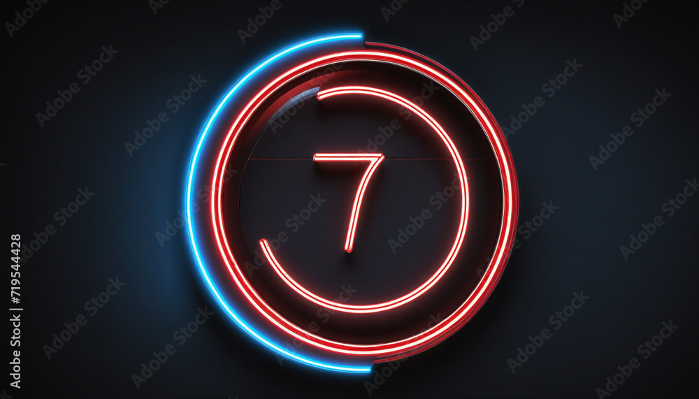Poster neon illuminated 3d number 75 in circular frame on black background