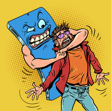 Bad habits harm a person. Humanity's dependence on modern technology. The phone is strangling a man with glasses.