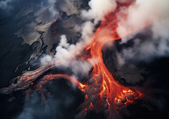 Fiery Fury: A Majestic Aerial View of an Active Volcano Eruption Amidst Nature's Smoky Inferno