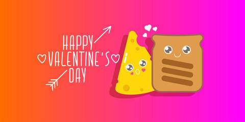 vector cartoon cute bread man character with cheese girl character isolated on pink gradient background. valentines day comic funky kids poster or horizontal banner with funky food couple.