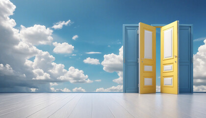 Blue Double Doors with Yellow Light and White Clouds