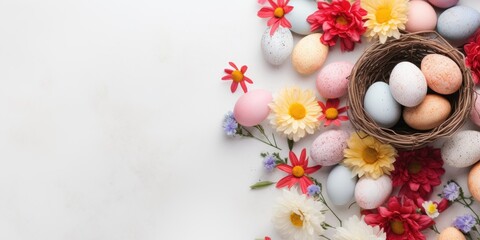 Colorful easter eggs with flowers in a basket