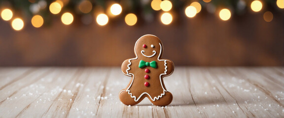 Gingerbread christmas cookie banner with copyspace, bokeh background, hd