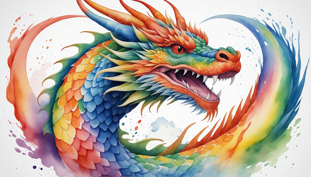 Vibrant watercolor of a colorful dragon against a white backdrop