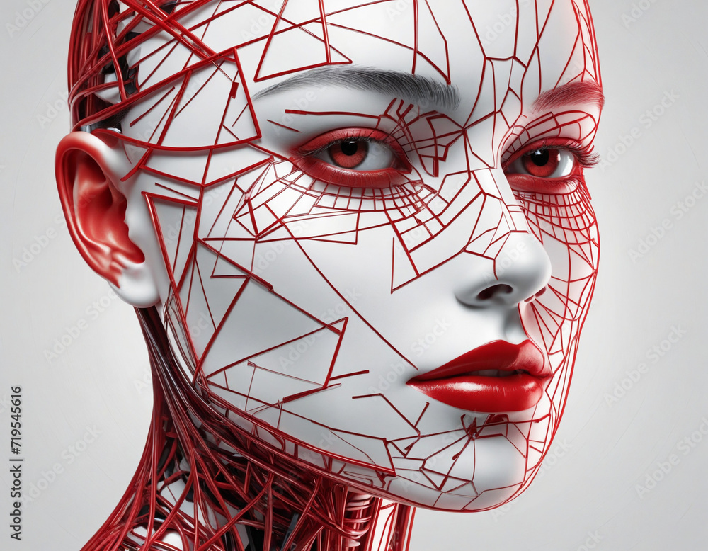 Poster futuristic 3d render of an abstract head with red lines, showcasing modern technology and artificial