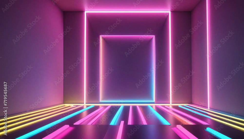 Poster neon futuristic geometric 3d render with vibrant square shapes and glowing rays creating a holograph