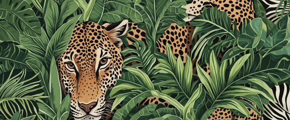 Illustration of animals in the Amazon rainforest on wallpaper - obrazy, fototapety, plakaty
