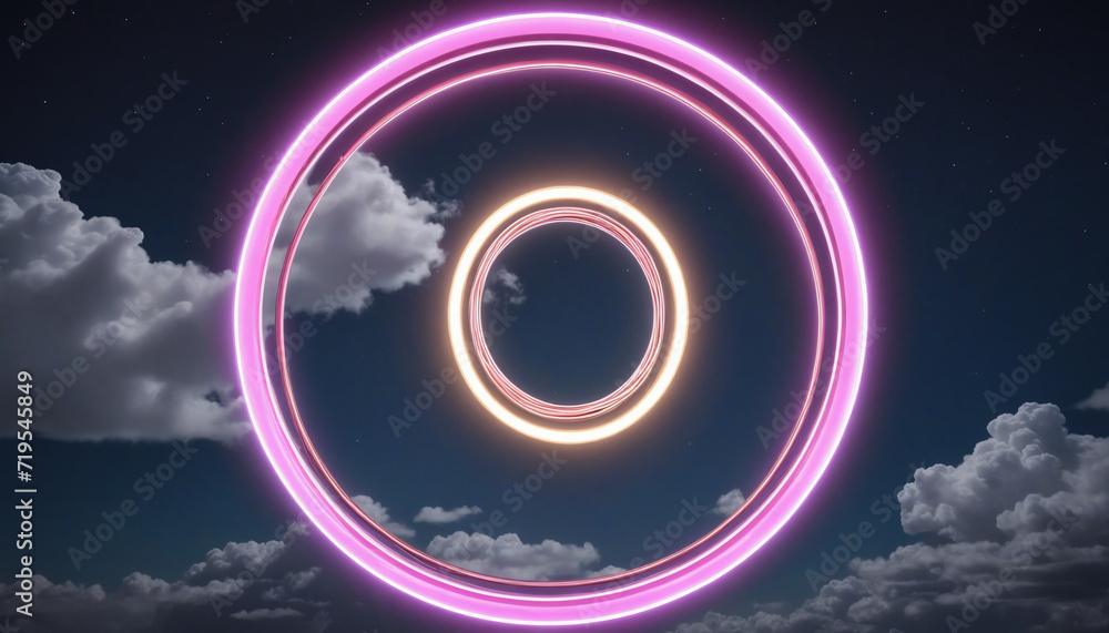 Wall mural abstract geometric background with neon ring and stormy cloud, round frame with copy space in night 