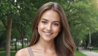 Smiling young woman with brown hair gazing directly at the camera outside - obrazy, fototapety, plakaty