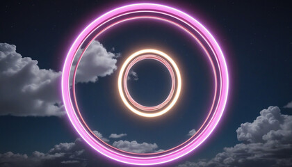 Abstract geometric background with neon ring and stormy cloud, round frame with copy space in night sky. - obrazy, fototapety, plakaty