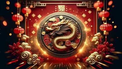 Illustration celebrating the lunar new year with a stylized dragon emblem.