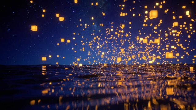 Flying lanterns in the sea. Flying Above The Ocean At Night. For festival invitation, birthday, party celebration. 3d animation, 4K