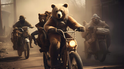 A picture of a bear riding a bike with other animals - obrazy, fototapety, plakaty