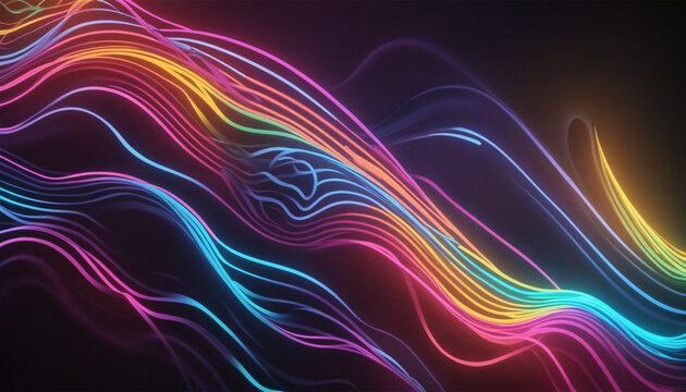 3d rendering, abstract background with unfocussed glowing neon wave, curvy lines and bokeh lights. Blurry colorful wallpaper