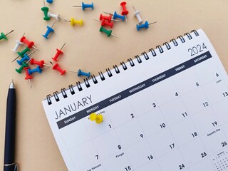 2024 January month calendar schedule push pin mark on first January 