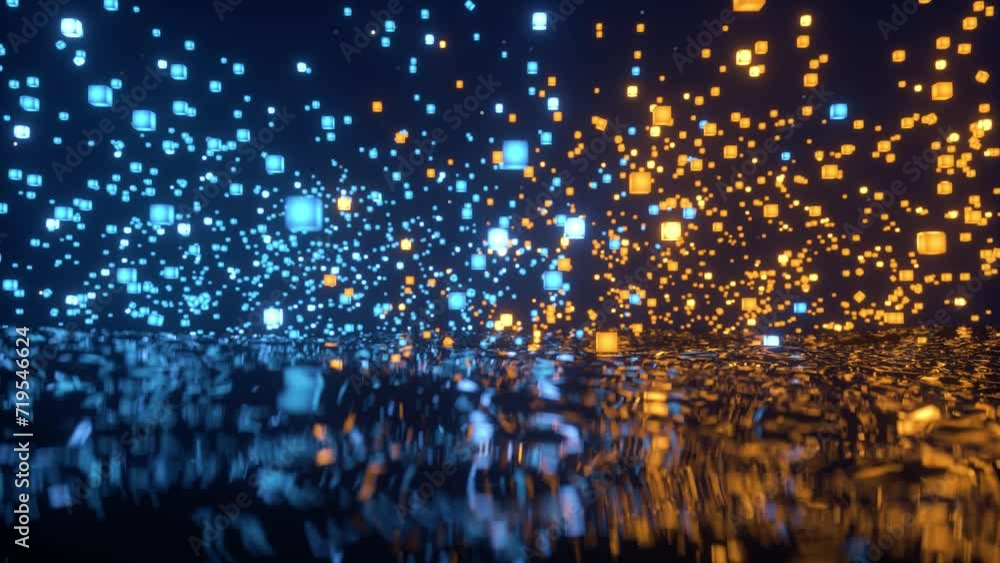 Poster flying blue and orange boxes in the sea. block chain, data transfer, bitcoin network, digital struct