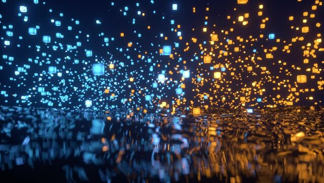 Flying Blue and orange boxes in the sea. Block chain, data transfer, Bitcoin Network, Digital structures, Production Line, Quantum Computing, Cloud Computing, Web Service. 3d animation, 4K