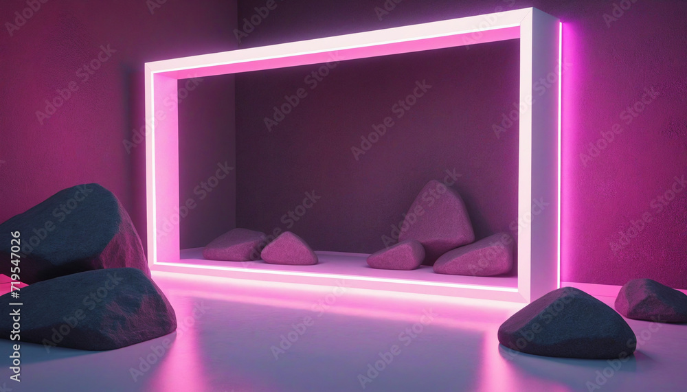 Poster abstract neon geometric design featuring cobblestone rocks and a glowing triangular frame, creating 