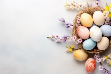Fototapeta na wymiar Colorful easter eggs with flowers in a basket