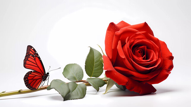 A picture of a rose and a butterfly on a white background