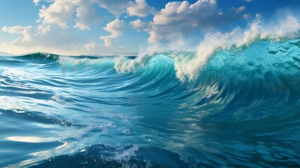Blue ocean wave with white foam and blue sky. 3d rendering