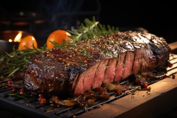Brazilian picanha baked steak on the grill served with traditional Brazilian dishes, generative IA