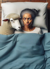 Middle-aged to mature Black woman in bed gives annoyed or skeptical look to the sheep lying next to her in bed - Can't fall asleep and counting sheep.