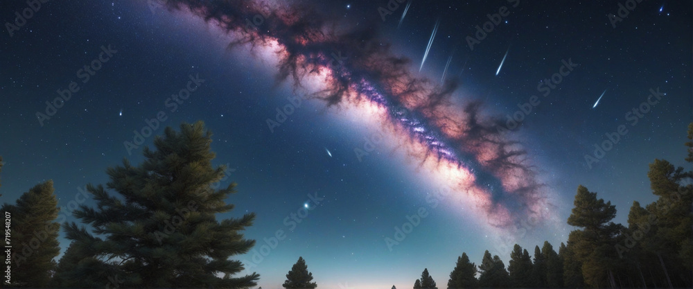 Poster extra terrestrial canopy embellished with a multitude of space elements, forming a cascade of reacti