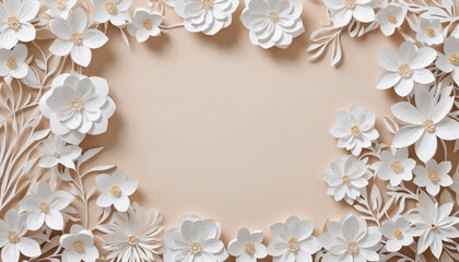 White flowers paper cut background with copyspace. 