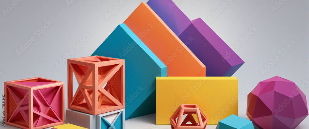 Poster set of colorful geometric structures, 3d render
