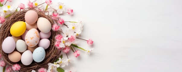 Colorful easter eggs with flowers in a basket