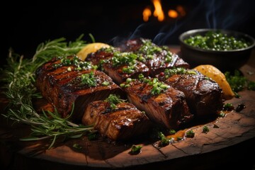 Grilled picanha with fresh herbs, in a barbecue in the backyard with rocking chairs and a quiet stream under the moonlight and a lit bonfire, under th - obrazy, fototapety, plakaty
