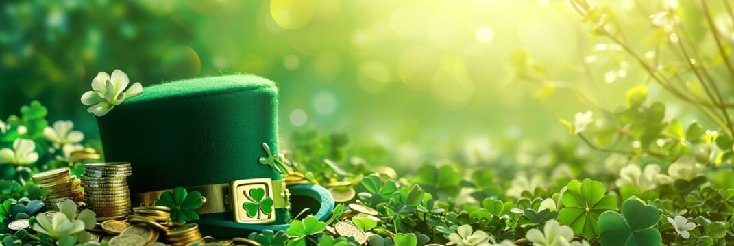 Big green leprechaun top hat with gold coins, clover leaves and a rainbow above it. Celebration of Saint Patrick's dat on march in Ireland, traditional spring holiday of luck and fortune, banner
