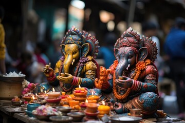 Colorful and detailed Hindu statues in handicraft market., generative IA