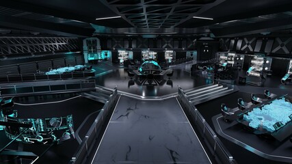 Inside view of the mission control center. Command center, control room, futuristic design, smart cities, data center, conference room, high tech