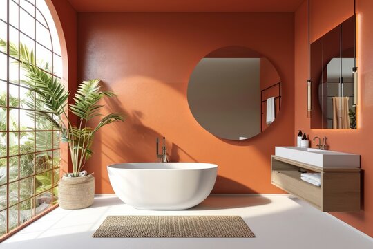Modern stylish bathroom with white toilet bathtub and terracotta walls in a minimalist style at simple apartment of hotel room or spa center. Interior design concept