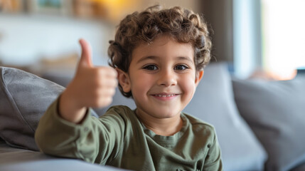 young boy with curly hair is giving a thumbs up to the camera, sporting a big smile