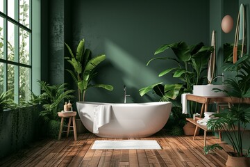 Modern stylish bathroom with white toilet bathtub and dark green walls in a minimalist style at simple apartment of hotel room or spa center. Interior design concept