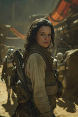 Fototapeta premium A Warrior's Odyssey: Future Woman Amidst Alien Warzone