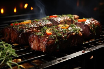 Grilled picanha with fresh herbs, in a barbecue in the backyard with live music., generative IA