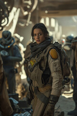 Obraz premium A Warrior's Odyssey: Future Woman Amidst Alien Warzone