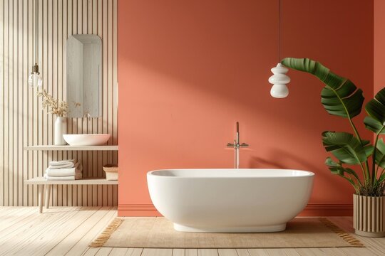 Modern stylish bathroom with white toilet bathtub and terracotta walls in a minimalist style at simple apartment of hotel room or spa center. Interior design concept