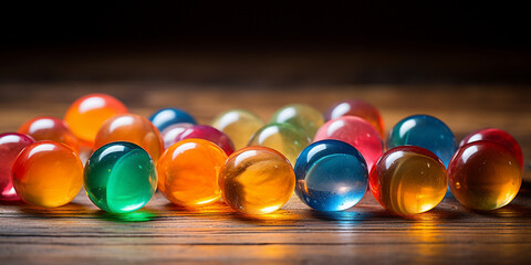 The marble balls on the wooden background, A close up of marbles balls on the wooden background, Closeup of different objects with a rainbow of colors

