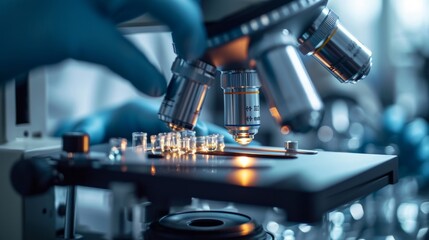 Fototapeta premium Close-up of scientist hands in sterile rubber gloves adjusting medical microscope for scientific research in laboratory. Development of vaccine components to treat the epidemic.