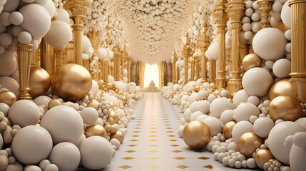 A room filled with lots of white and gold balls