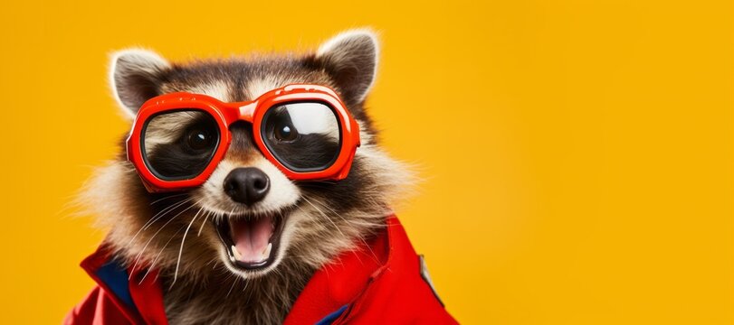 Fototapeta Close up portrait of a raccoon in a superman costume wearing glasses. Funny character for your game or story 
