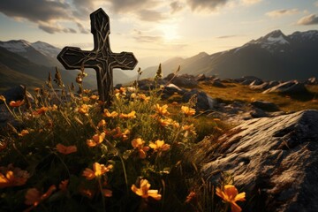 Cross at peak symbolizes faith and overcoming at dusk., generative IA - obrazy, fototapety, plakaty