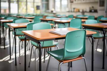 single, Isolated in white background, center aligned, School classroom in blur background without young student; Blurry view of elementary class room no kid or teacher with chairs and tables - obrazy, fototapety, plakaty