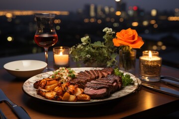 Succulent picanha on a porcelain plate, a romantic dinner with live violin candlelight and a flower -decorated gauzebo, under the moonlight and sparkl