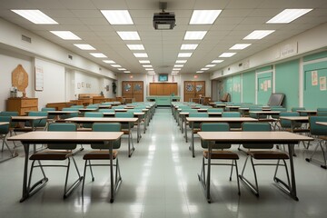 Fototapeta na wymiar single, Isolated in white background, center aligned, School classroom in blur background without young student; Blurry view of elementary class room no kid or teacher with chairs and tables